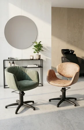 A salon styling area with a round mirror, a green chair and a tan chair
